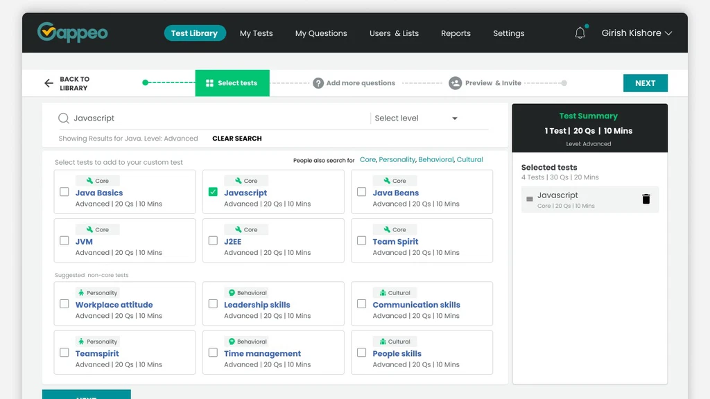 Gappeo offers over 800 assessments tailored to job roles, covering functional, behavioral, analytical, coding skills, and more.