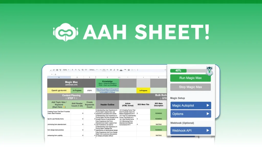 AahSheet Use this AI Google Sheet to automate and scale content for SEO, social media, and more