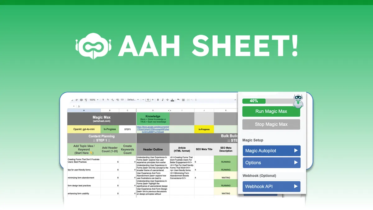 AahSheet Use this AI Google Sheet to automate and scale content for SEO, social media, and more