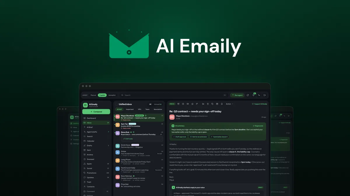 AI Emaily Connect Gmail, Outlook, iCloud, and IMAP to one inbox with AI that drafts replies in your voice