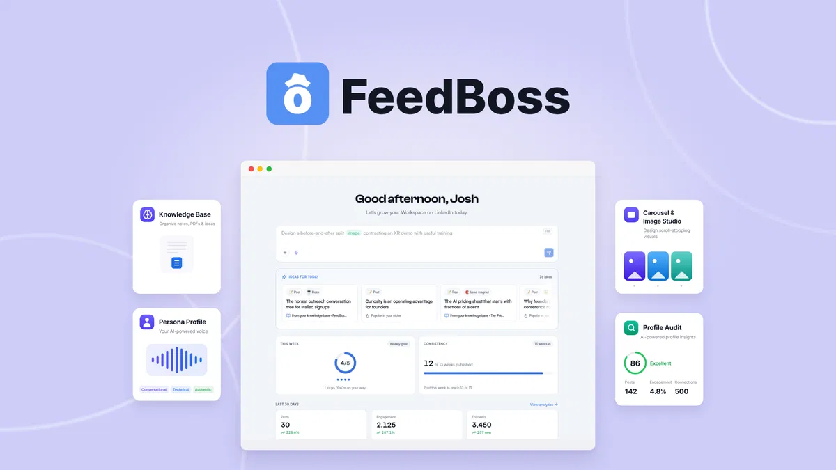 FeedBoss Get a LinkedIn strategist that decides what to post, drafts in your voice, and grounds it in your knowledge