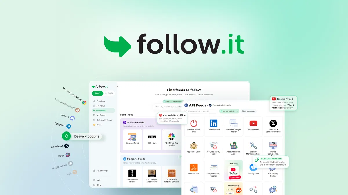 follow it Follow websites and monitor what matters with filters, then get updates via email, RSS, Telegram, or Slack