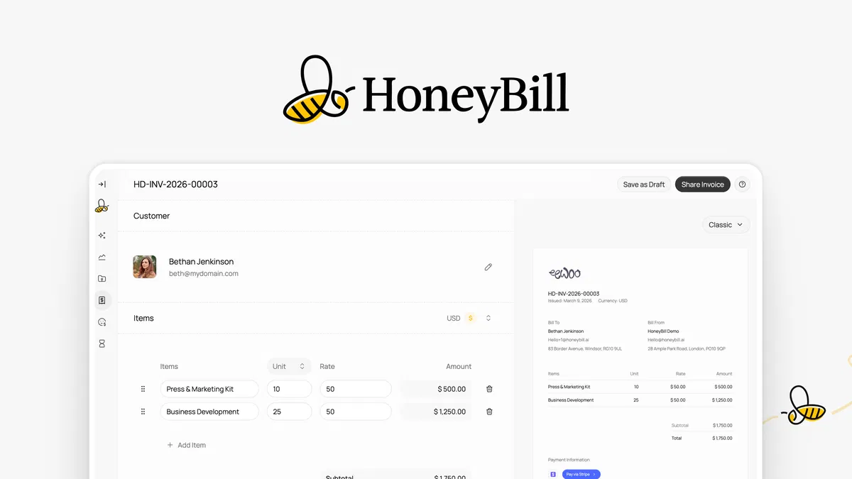 HoneyBill Send AI-generated invoices via email with branded templates, recurring billing, and hosted checkout