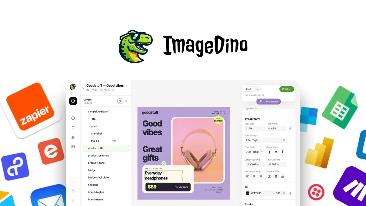 Image Dino Build image templates and scale product images, email visuals, ad creatives, and OpenGraph previews