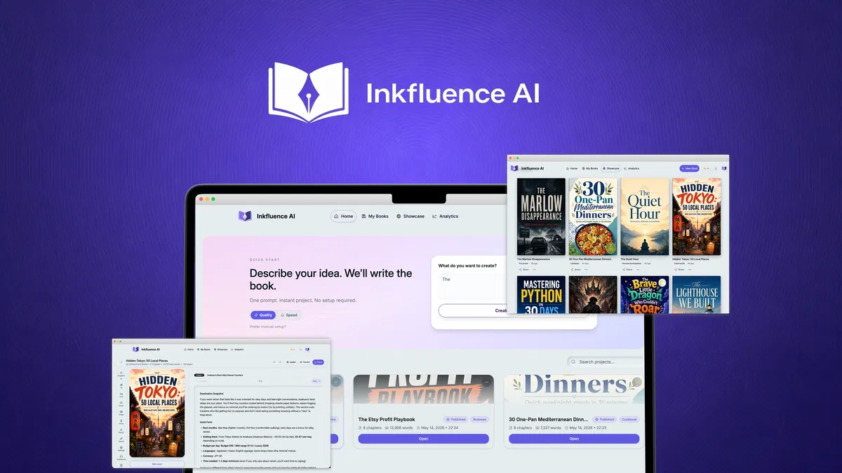 Inkfluence AI Generate publish-ready books with AI writing, professional cover design, and export support