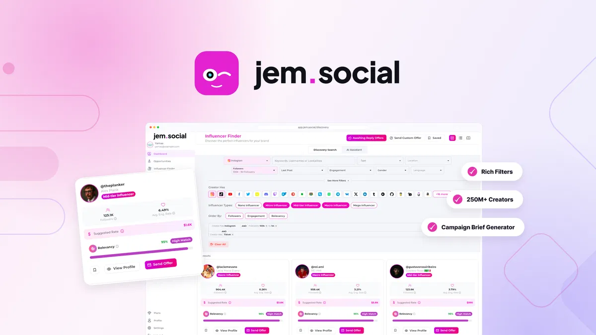 Jem Social Hire talent from 250M+ verified creators and only pay when you approve the work—no agency required