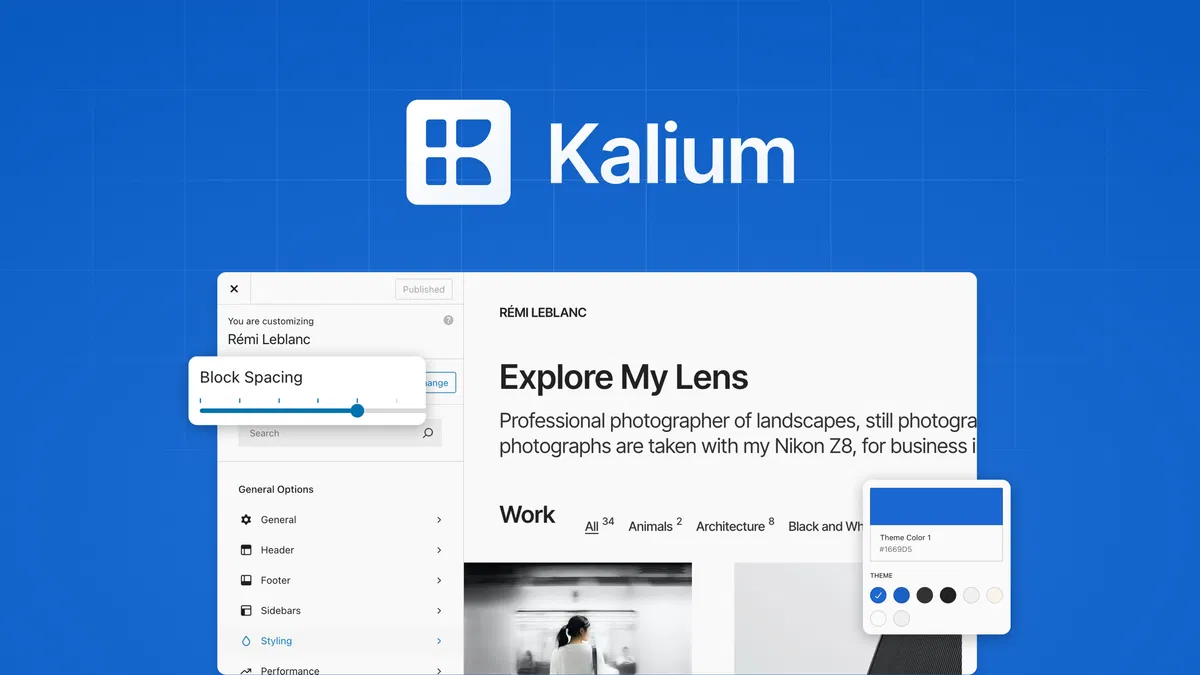 Kalium Design customizable WordPress sites with Gutenberg, Elementor, and WooCommerce support