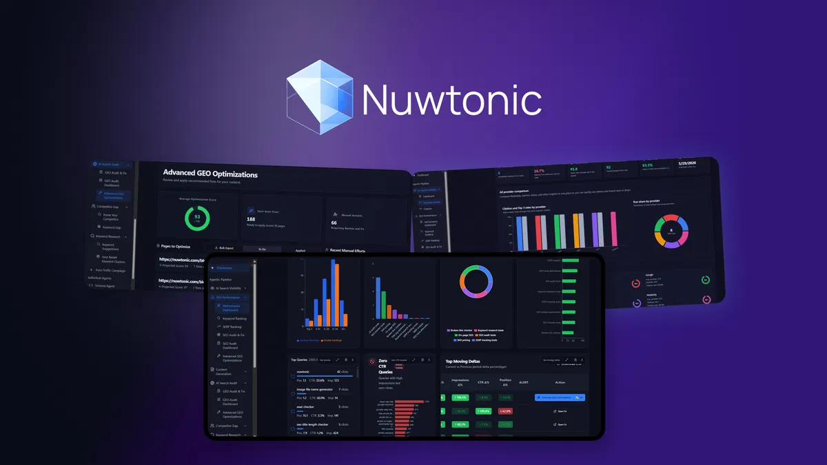 Nuwtonic SEO Monitor rankings, optimize pages, and generate GEO-ready content for AI search