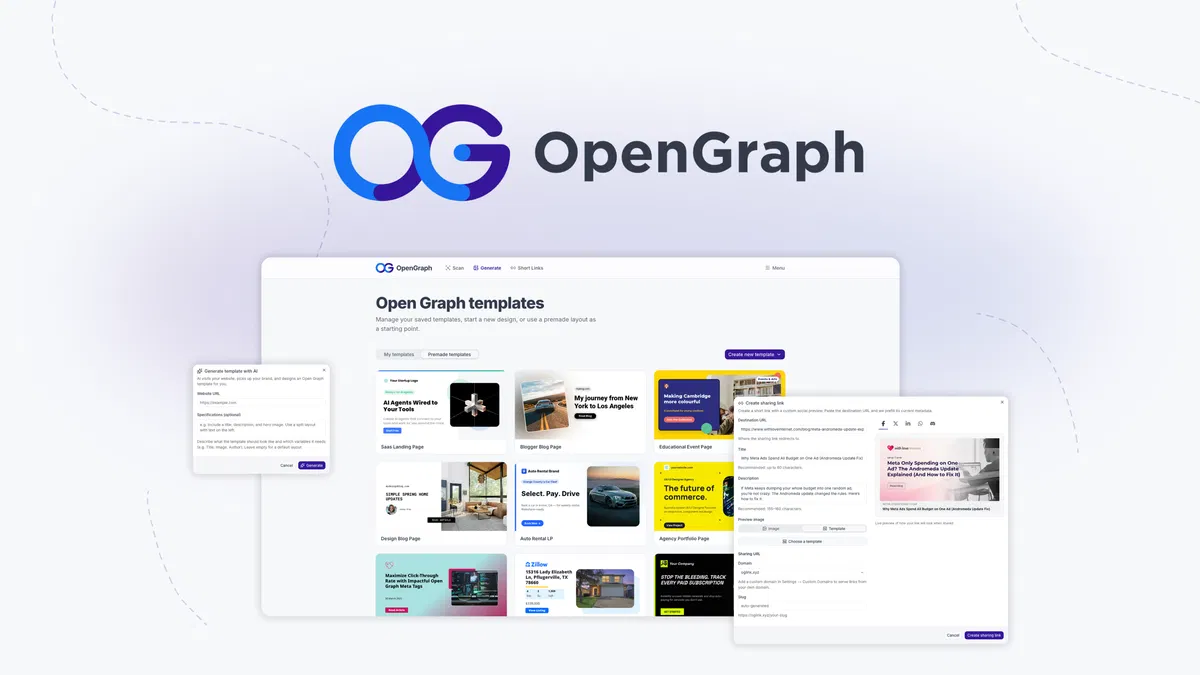 OpenGraph Create branded click-worthy Open Graph images, custom short links, and statistics at scale