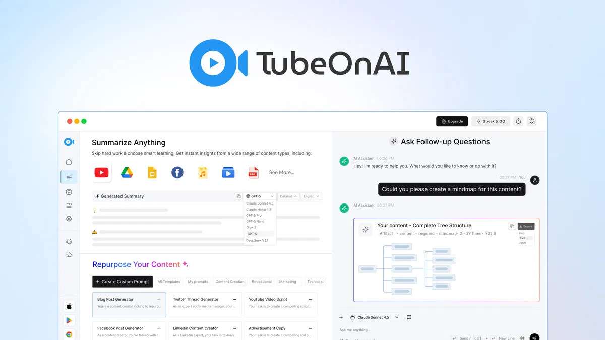 TubeOnAI Repurpose videos, podcasts, PDFs, and articles into publish-ready content with AI summarization
