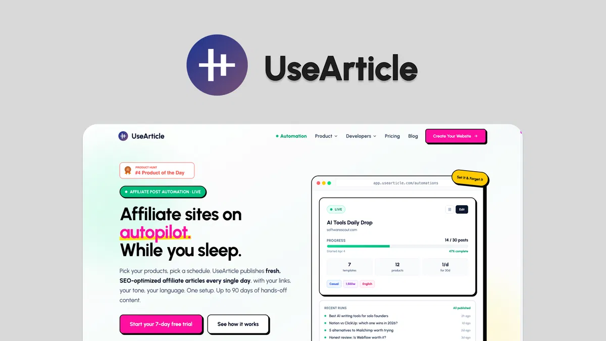 UseArticle Schedule, generate, and auto-publish SEO-optimized affiliate posts daily—across any niche