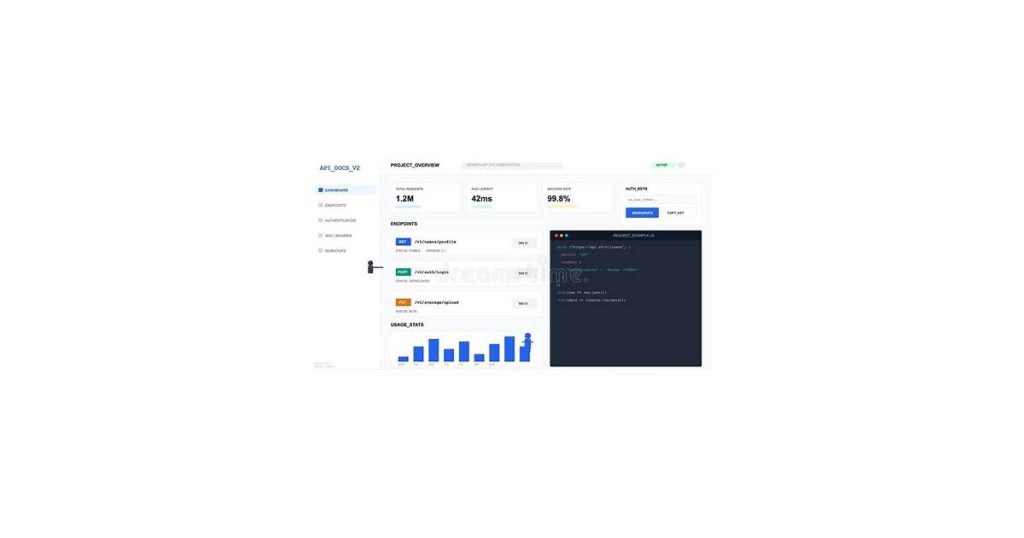 A laptop screen displaying technical API documentation with code examples and endpoints
