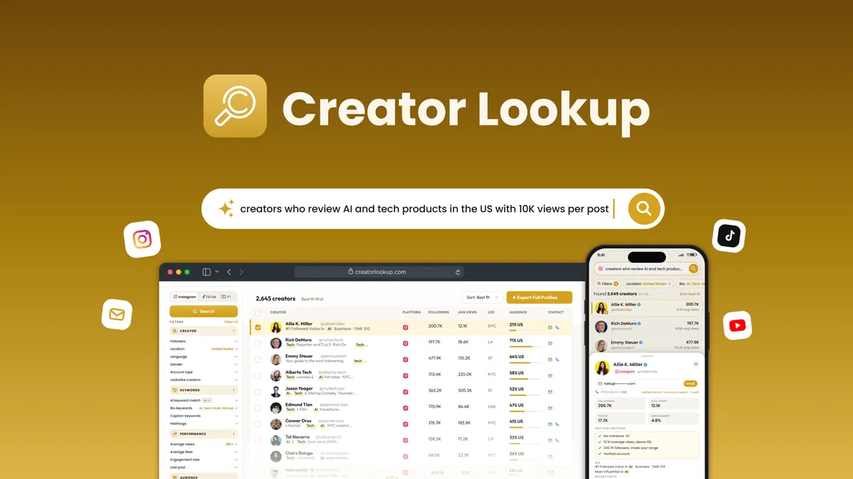 Creator Lookup Search an AI-powered influencer database of 400M+ creators across Instagram, TikTok, and YouTube