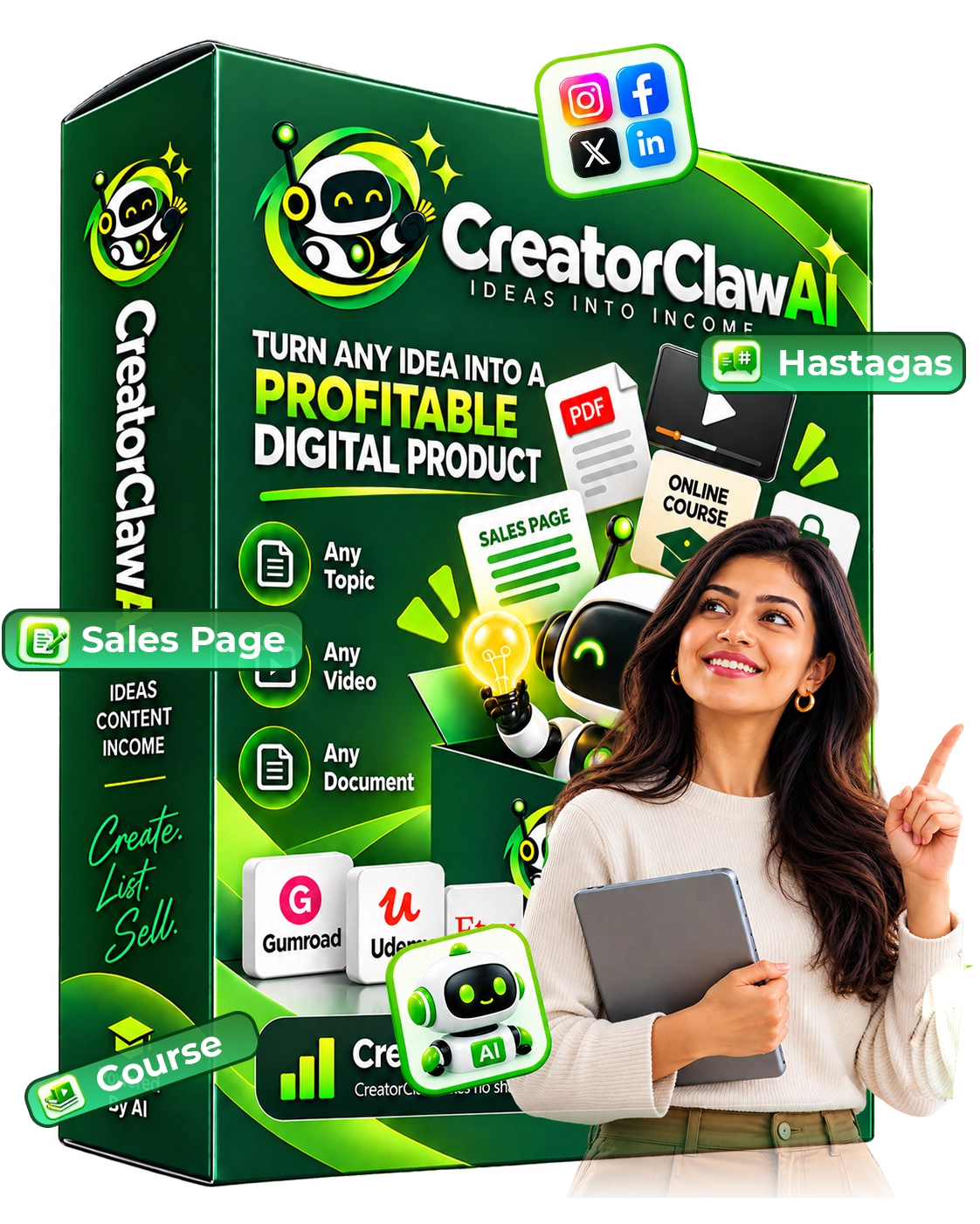 CreatorClaw AI GPT-6 Astra powers 7 AI agents that write your course, record the lesson videos with AI voiceover, build your marketplace listing and make your promo clips. You upload, set your price, and keep 100% of every sale.